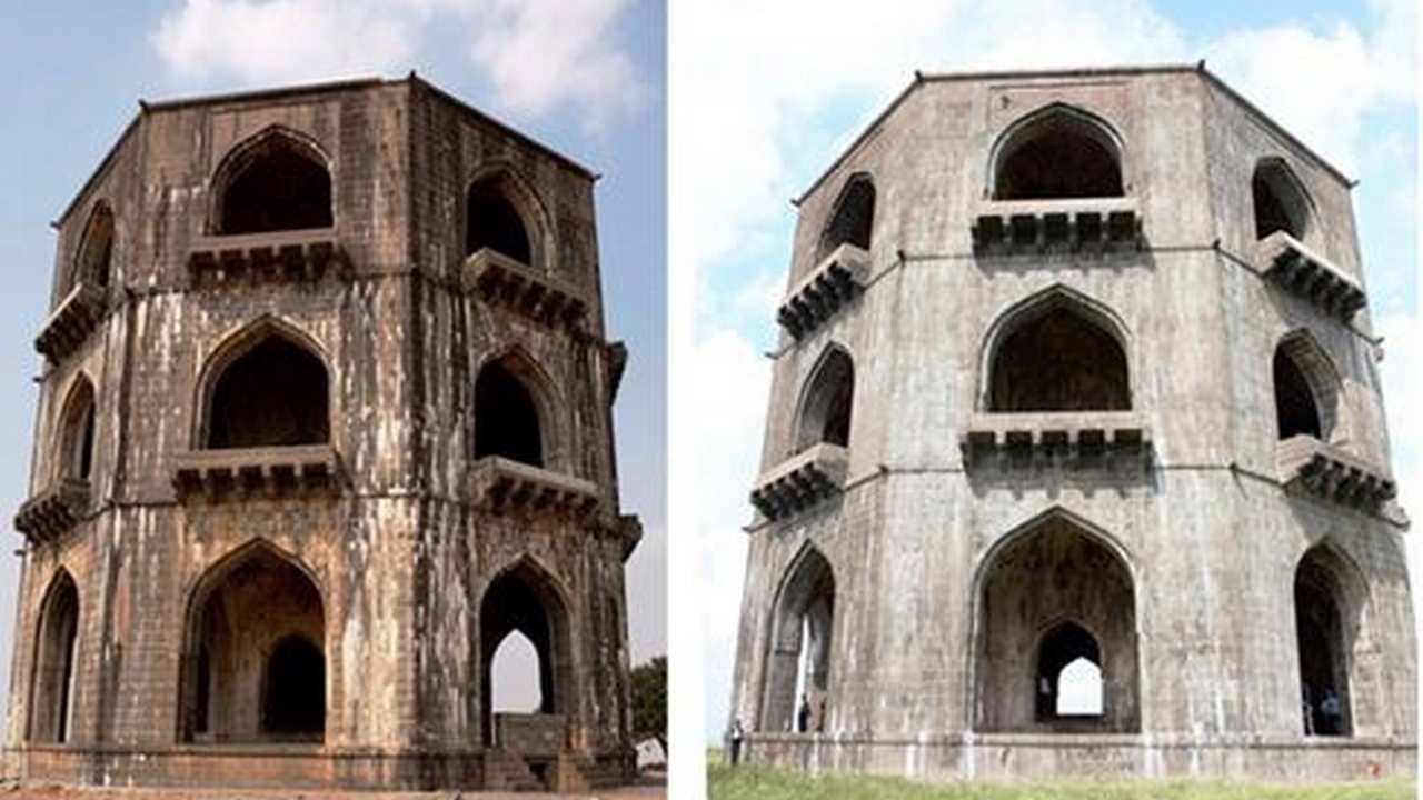 Salabat Khan Tomb with white patches (L) and after cleaning (R). Image: India Science Wire