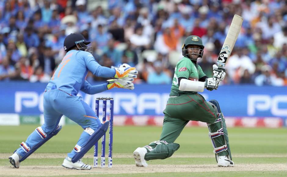 Shakib Al Hasan top-scored for Bangladesh with a knock of 66, his sixth 50-plus score of the 2019 World Cup so far. AP