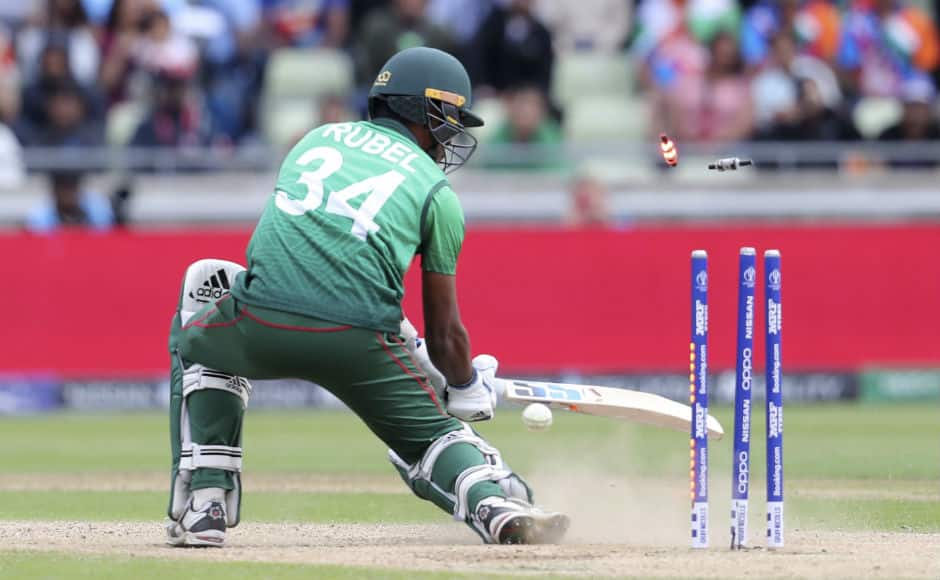 Rubel Hossain is clean bowled after getting beaten by a sharp yorker from Jasprit Bumrah. AP