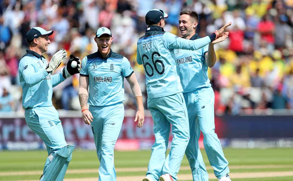 England’s Chris Woakes celebrates the dismissal of Peter Handscomb. With Handscomb’s dismissal, Australia were reeling at 14-3 from 6.1 overs. AP