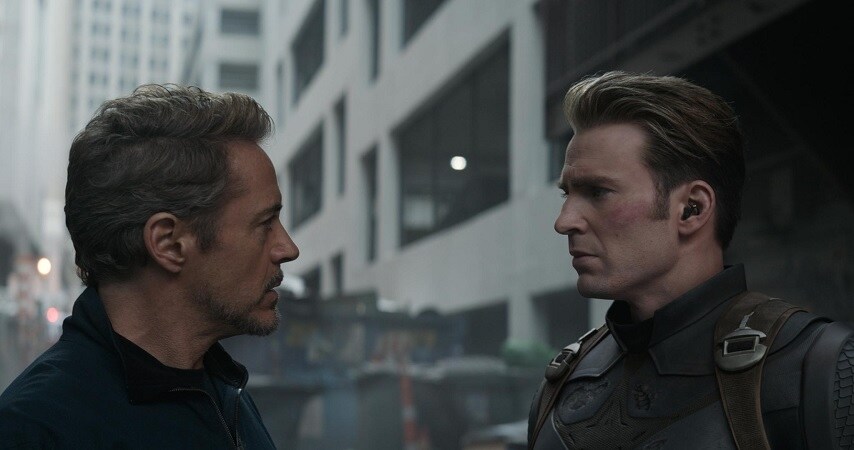 Robert Downey Jr. as Iron Man and Chris Evans as Captain America in Avengers: Endgame. Marvel