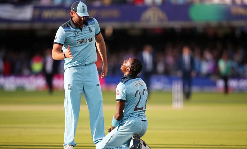 Cricket - ICC Cricket World Cup Final - New Zealand v England - Lord’s, London, Britain - July 14, 2019 England’s Liam Plunkett and Jofra Archer celebrate winning the World Cup after the super over Action Images via Reuters/Peter Cziborra - RC1405D87310