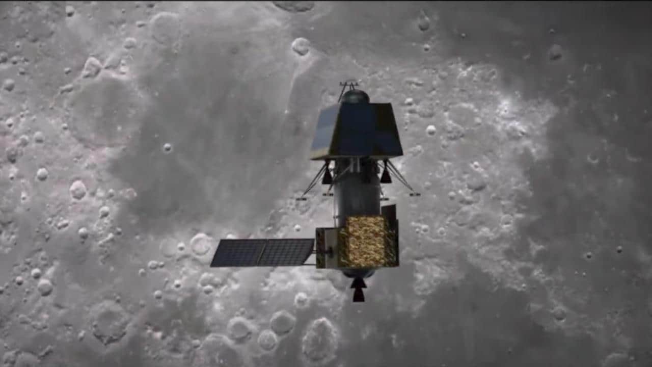 An illustration of Chandrayaan 2 orbiter lander rover composite orbiting the Moon. Image courtesy: ISRO