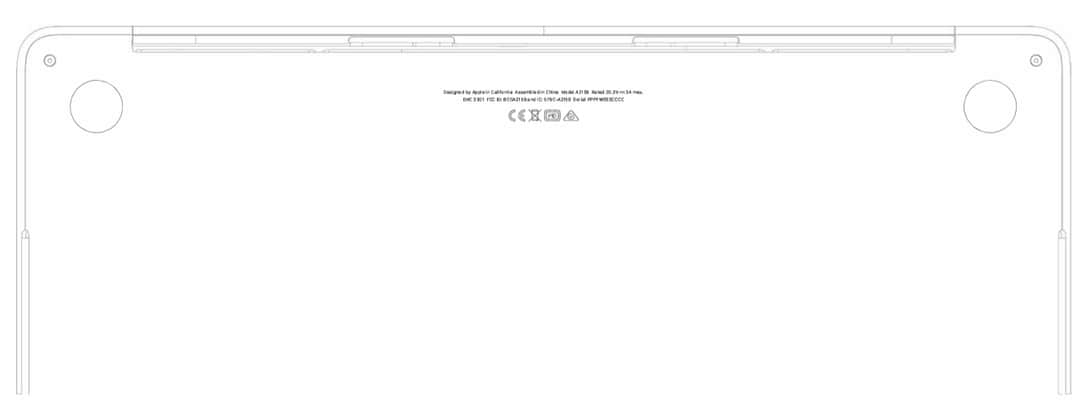 A parte inferior do laptop MacBook Pro também pode ser vista em uma imagem no aplicativo FCC. Imagem: FCC