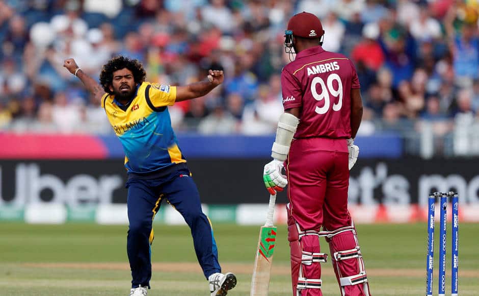 Lasith Malinga celebrates after dismissing West Indies captain Jason Holder. The West Indies remained with just one win after they completed eight games. Reuters