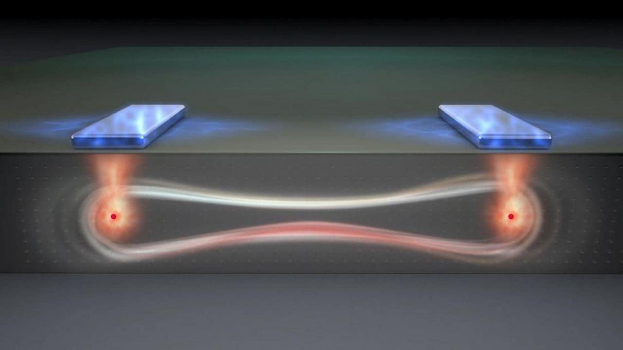An illustration shows a pair of flip flop qubits, a major advance in quantum computing design, developed by engineers Andrea Morello (L) and Guilherme Tosi from the University of New South Wales in Sydney, Australia. University of New South Wales. Image: Reuters
