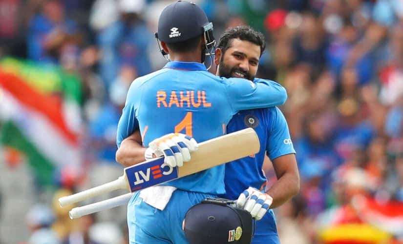 Rohit Sharma, KL Rahul embrace after the former completed his record fifth century in the World Cup. AP