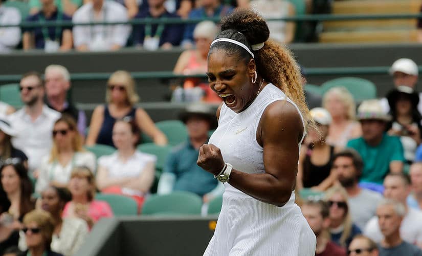 United States’ Serena Williams celebrates winning a point against Germany’s Julia Goerges in a Women’s singles match during day six of the Wimbledon Tennis Championships in London, Saturday, July 6, 2019. (AP Photo/Ben Curtis)