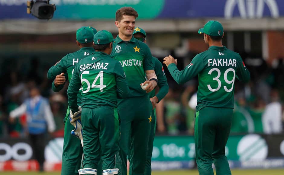 Shaheen Afridi is all smiles after seeing off Mustafizur Rahman, who was the last to depart. The 19-year-old became the youngest-ver bowler to claim a five-wicket haul in ODIs. AP 