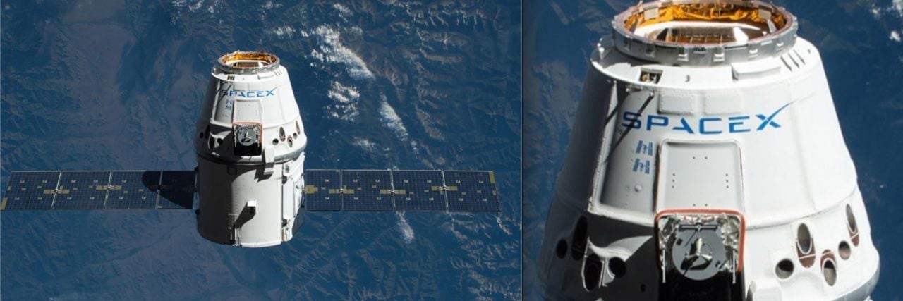 SpaceX Dragon with depictions of two space station logos for two successful resupply missions prior. Image: SpaceX