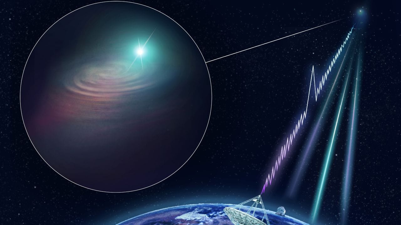 This artist’s impression of the cosmic web, the filamentary structure that fills the entire Universe, being illuminated by FRBs. Image: M Weiss/CfA
