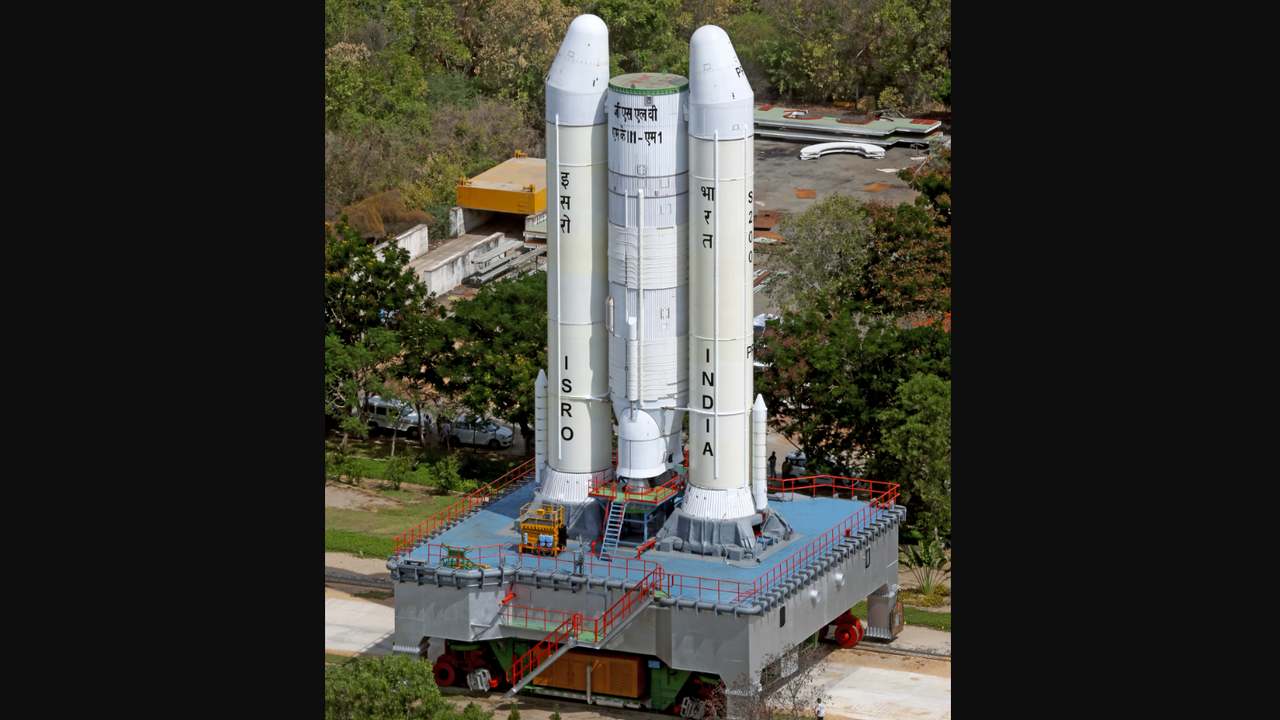 The partially-integrated GSLV Mk-III M1 vehicle being moved from the integration centre to the launch pedestal. Image credit: ISRO The partially-integrated GSLV Mk-III M1 vehicle being moved from the integration centre to the launch pedestal. Image credit: ISRO