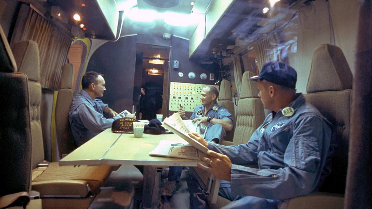 Buzz Aldrin, Neil Armstrong and Michael Collins in the transfer van. Source: ALSJ/NASA