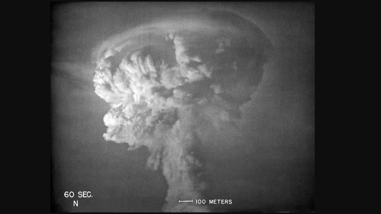 The mushroom cloud seen in New Mexico after the Trinity test. Image credit: Los Alamos National Laboratory