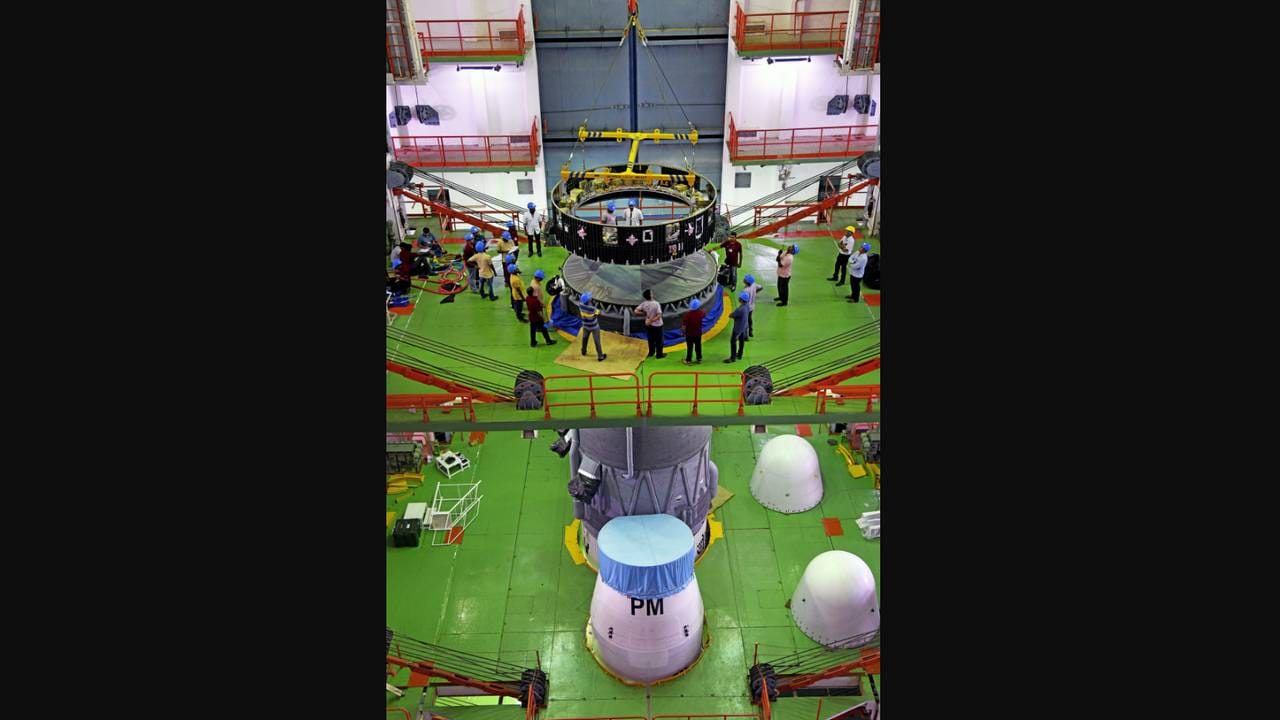 The equipment bay of the GSLV Mk-III M1, which also houses the rocket’s guidance system, in the process of integration. Image credit: ISRO The equipment bay of the GSLV Mk-III M1, which also houses the rocket’s guidance system, in the process of integration. Image credit: ISRO