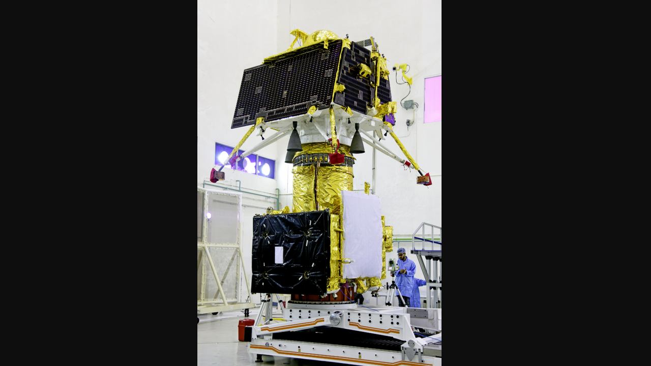 The Vikram lander, mounted on top of the Orbiter, will stay there till it needs to separate and attempt a soft landing on the Moon. Image credit: ISRO The Vikram lander, mounted on top of the Orbiter, will stay there till it needs to separate and attempt a soft landing on the Moon. Image credit: ISRO