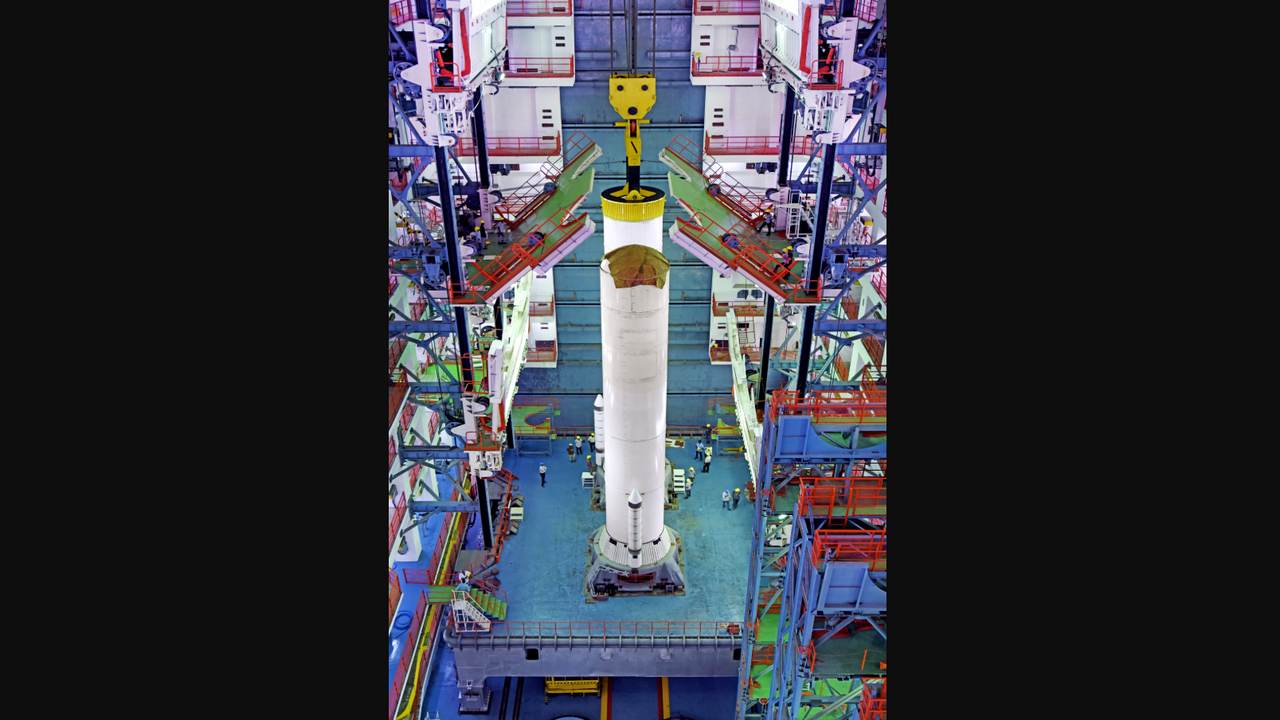 The S200 solid boosters of GSLV Mk-III M1 vehicle are being placed on the launch pedestal. These are the second largest fuel boosters in operation. Image credit: ISRO The S200 solid boosters of GSLV Mk-III M1 vehicle are being placed on the launch pedestal. These are the second largest fuel boosters in operation. Image credit: ISRO