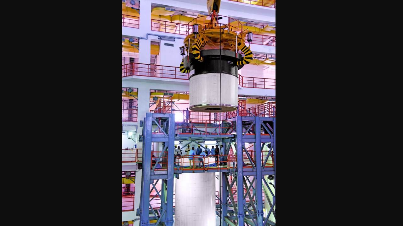 One of the segments of the S200 side boosters being carried during the integration. Image credit: ISRO One of the segments of the S200 side boosters being carried during the integration. Image credit: ISRO
