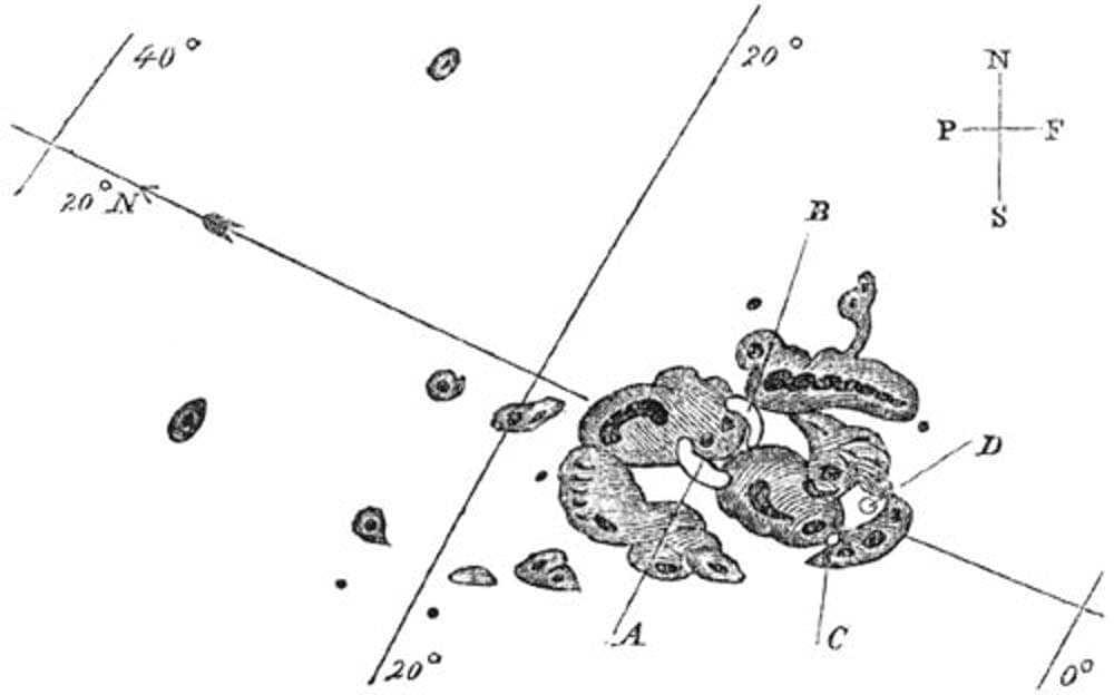 Sunspots on September 1, 1859, as sketched by Richard Carrington. A and B mark the initial positions of an intensely bright event, which moved over the course of five minutes to C and D before disappearing. Richard Carrington/Wikipedia