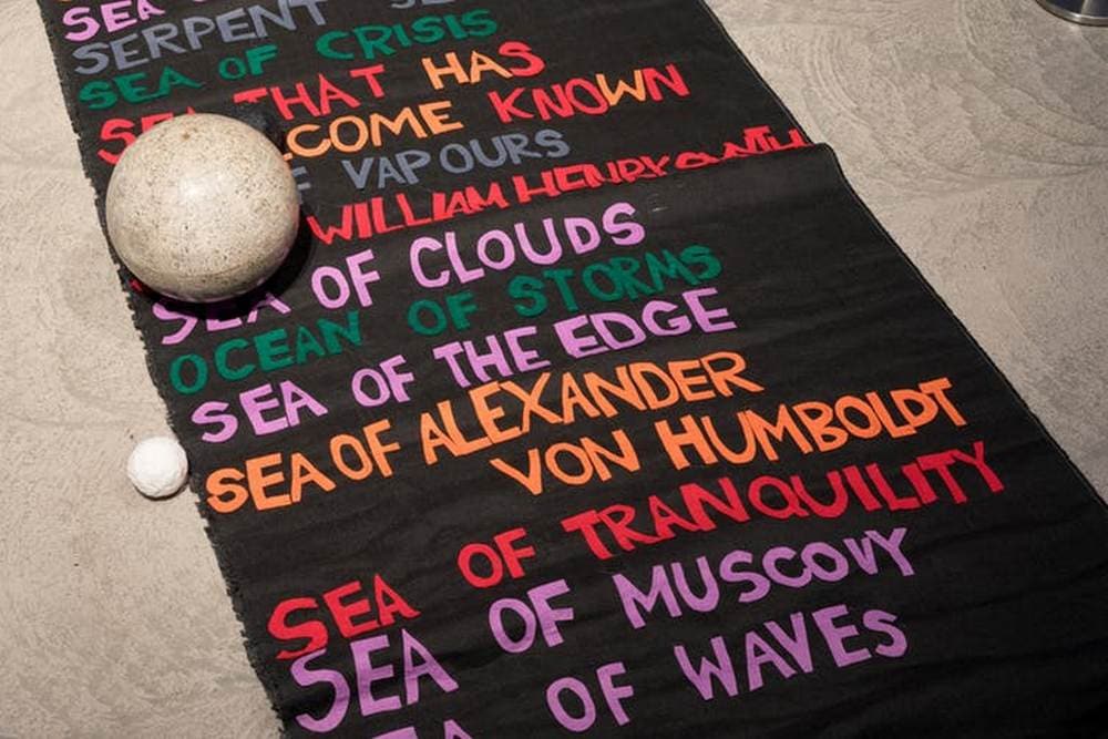 Mikala Dwyer, installation view, The Moon 2008 , hessian, felt, modelling clay, glitter, cardboard, found object. National Gallery of Victoria, Melbourne, 375.0 x 175.0 x 375.0 (variable, installation). Gift of Robert Nubbs and Michaela Webb through the Australian Government’s Cultural Gifts Program, 2016. Supplied