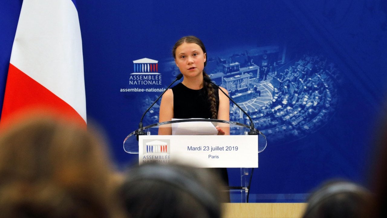Climate activist Greta Thunberg giving a speech at the French Parliament. Image: Reuters.