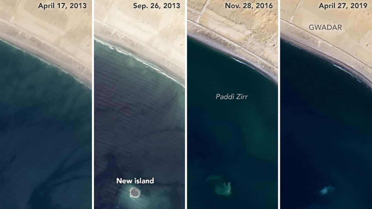 The series of images above shows the island in April and September 2013, November 2016, and April 2019. Image credit: Landsat