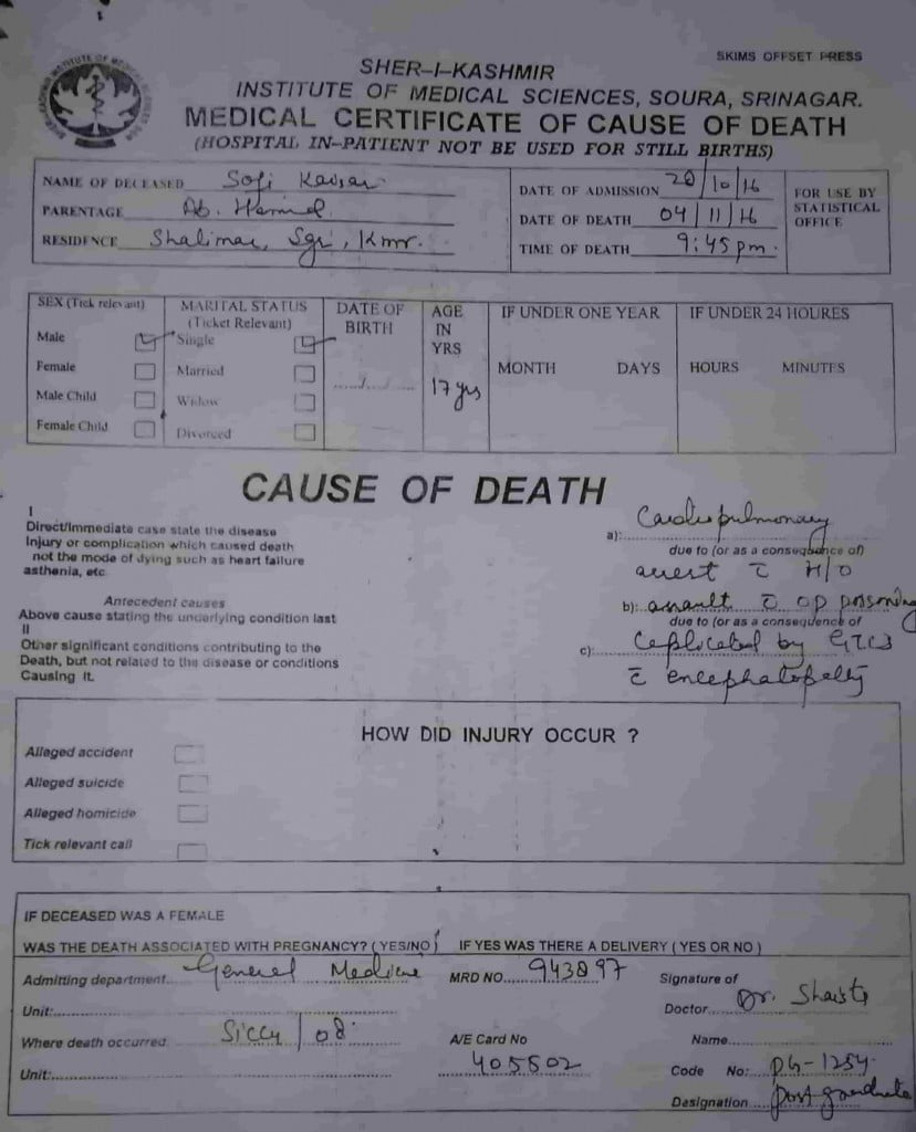 Kaiser's death certificate issued by SKIMS hospital in Srinagar. Safwat Zargar