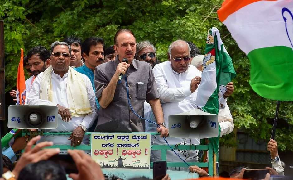 Meanwhile, senior Congress leader Ghulam Nabi Azad, who was flown to Karnataka to take control of the situation, was also detained while protesting outside Raj Bhawan in Bengaluru. PTI Meanwhile, senior Congress leader Ghulam Nabi Azad, who was flown to Karnataka to take control of the situation, was also detained while protesting outside Raj Bhawan in Bengaluru. PTI