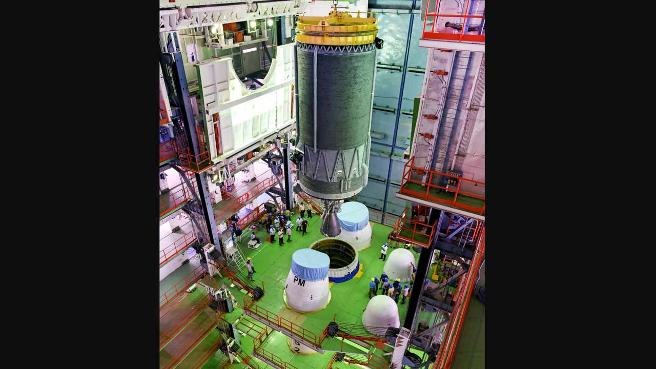 The integration of C25 cryogenic stage to the L110 stage in progress. Image credit: ISRO The integration of C25 cryogenic stage to the L110 stage in progress. Image credit: ISRO