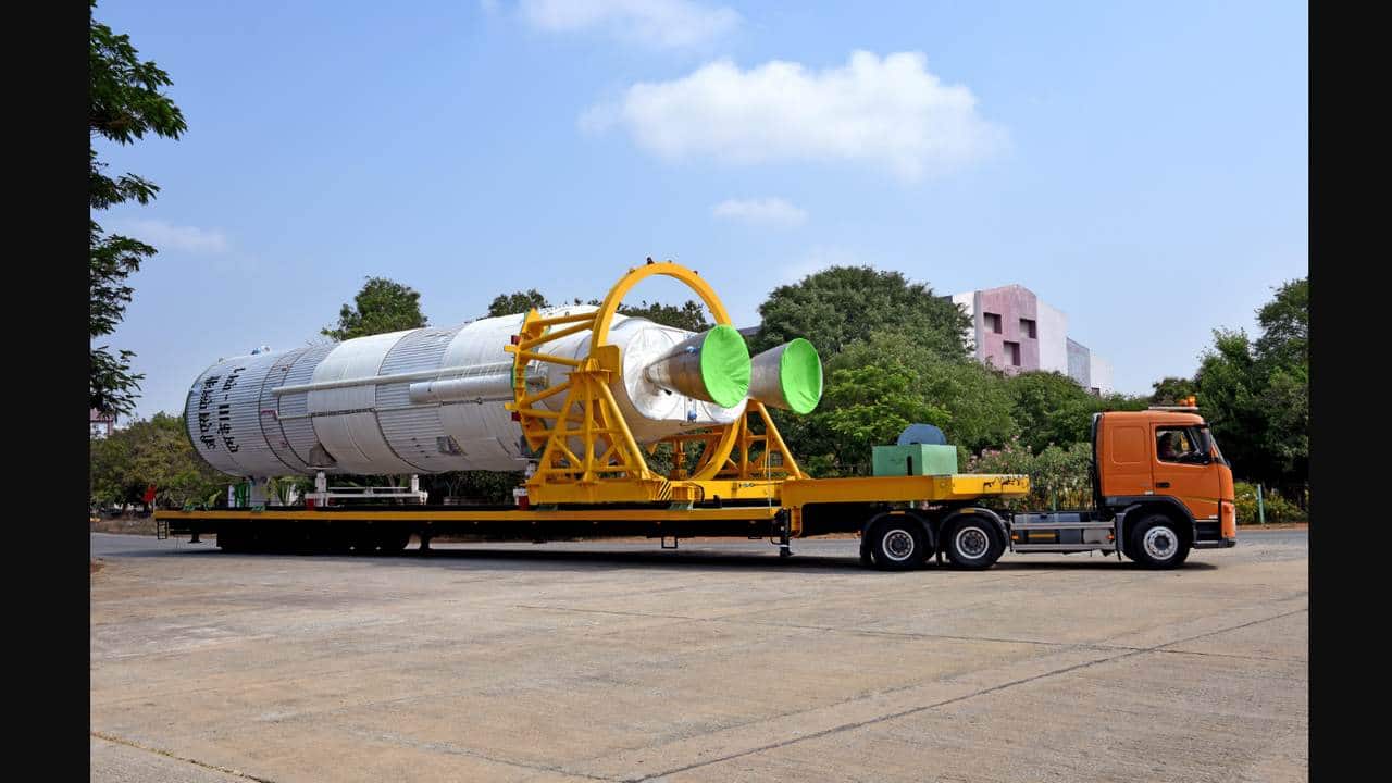 The liquid L110 stage is being transported for integration with the rocket. Image credit: ISRO 