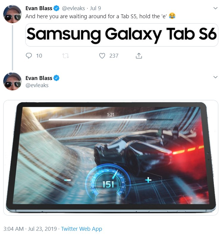Samsung Galaxy Tab S6 render leak by Evan Blass on Twitter.