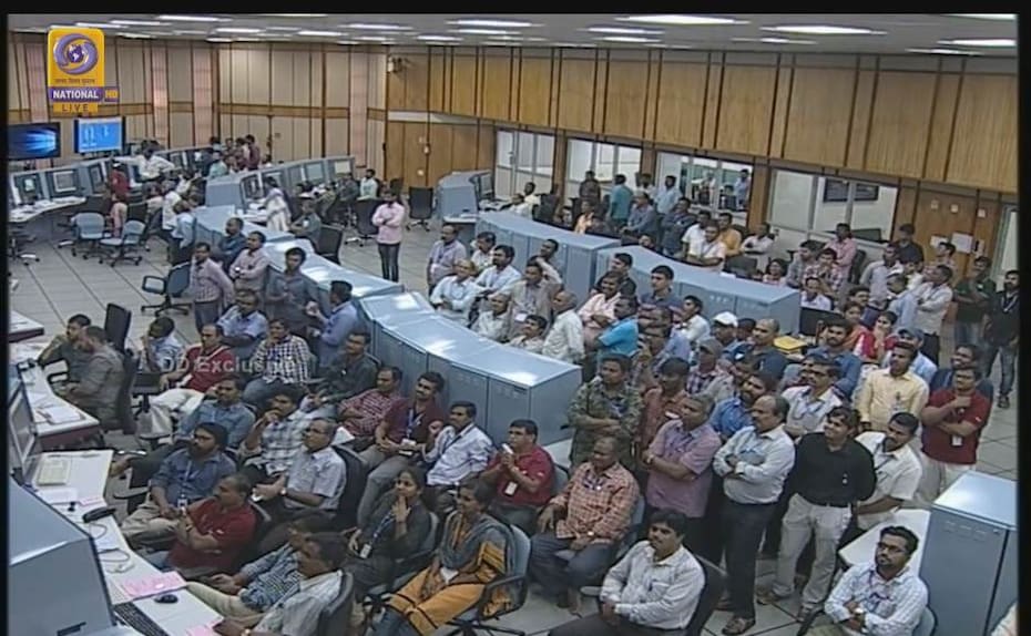 Scientists led by Sivan watched the launch sequence in rapt attention and broke into applause after every key stage of the rocket's flight which progressed precisely as programmed. Screengrab from DD