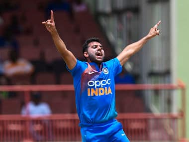 Deepak Chahar in action against the West Indies in the 3rd T20I match. AFP