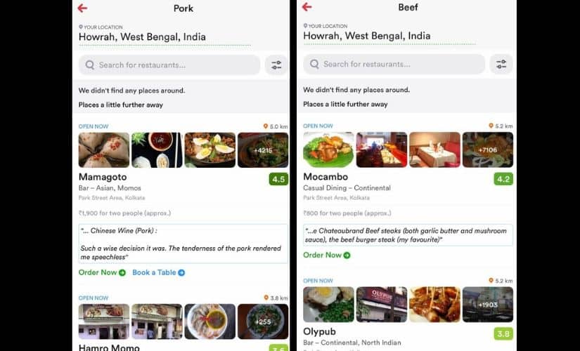 Search results on Zomato for beef and pork delivery in Howrah.