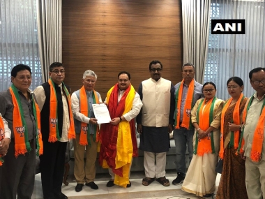 Ten MLAs of Sikkim Democratic Front join BJP today at Delhi's party headquarters, in presence of Ram Madhav, JP Nadda Ten MLAs of Sikkim Democratic Front join BJP today at Delhi's party headquarters, in presence of Ram Madhav, JP Nadda