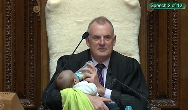 Image of New Zealand Speaker bottle feeding MP's baby during Parliament session goes viral on social media Image of New Zealand Speaker bottle feeding MP's baby during Parliament session goes viral on social media