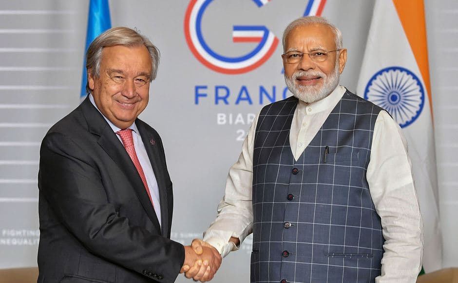 UN Secretary General Antonio Guterres - who attended Monday's climate talks - expressed hope that Americans themselves would help fight climate change even if their president doesn'tBiarritz: Prime Minister Narendra Modi shakes hands with UN Secretary-General Antonio Guterres during the G7 Summit, in Biarritz, France, Sunday, Aug 25, 2019. (Handout/PTI Photo)(PTI8_26_2019_000008B)