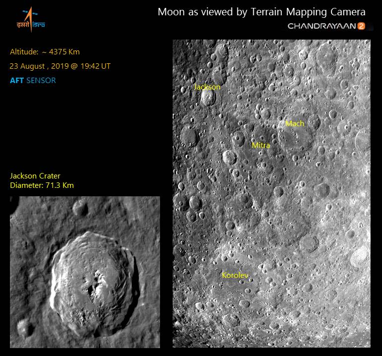 The Jackson Korolev and Mitra craters, as seen by Chandrayaan 2's TMC-2 camera. Image: ISRO