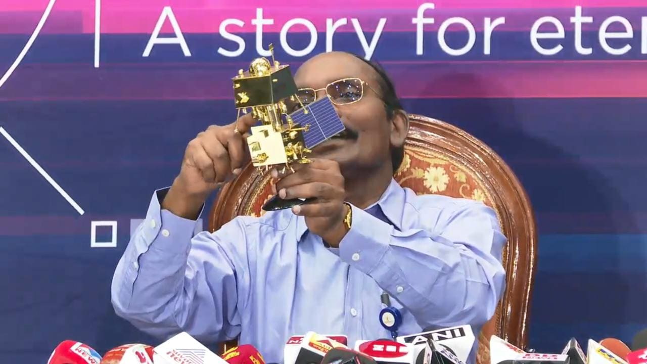 K Sivan takes a model of the Chandrayaan 2 spacecraft for a spin. Image: ISRO