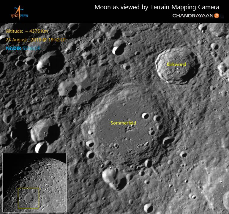 The Kirkwood and Sommerfield craters as seen by Chandrayaan 2's TMC-2 camera. Image: ISRO