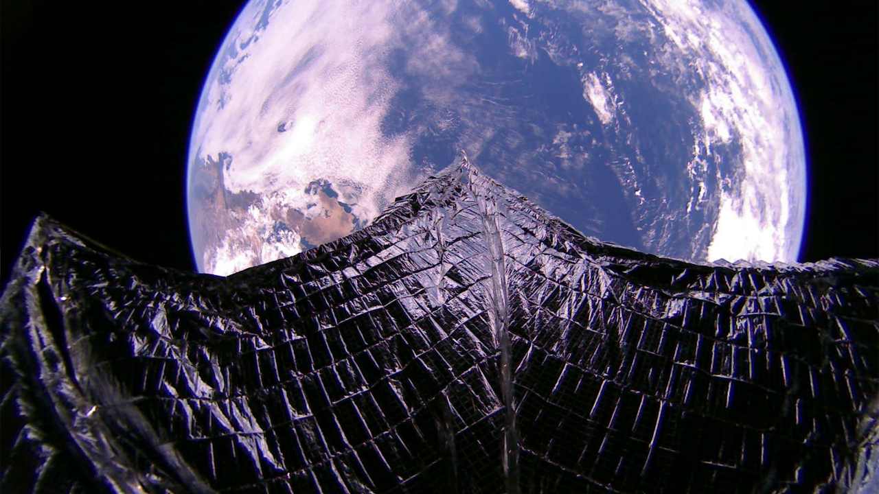 LightSail 2 captured this image of its deployed solar sail and Earth on 31 July 2019 as it passed over the Pacific Ocean_The Pacific Ocean and Baja California are visible in the distance. Image: The Planetary Society