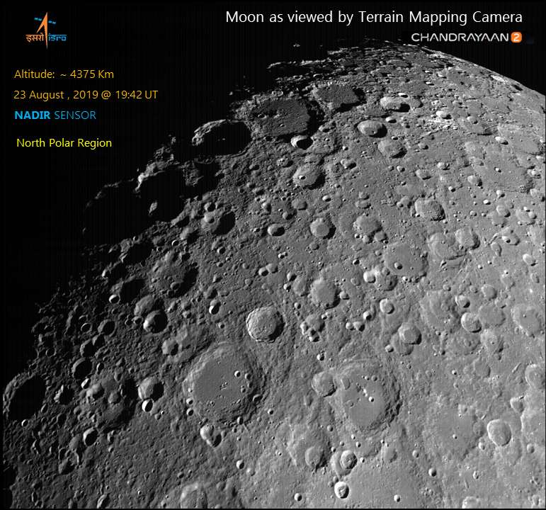 The moon's North Polar region, as seen by Chandrayaan 2's TMC-2 camera. Image: ISRO