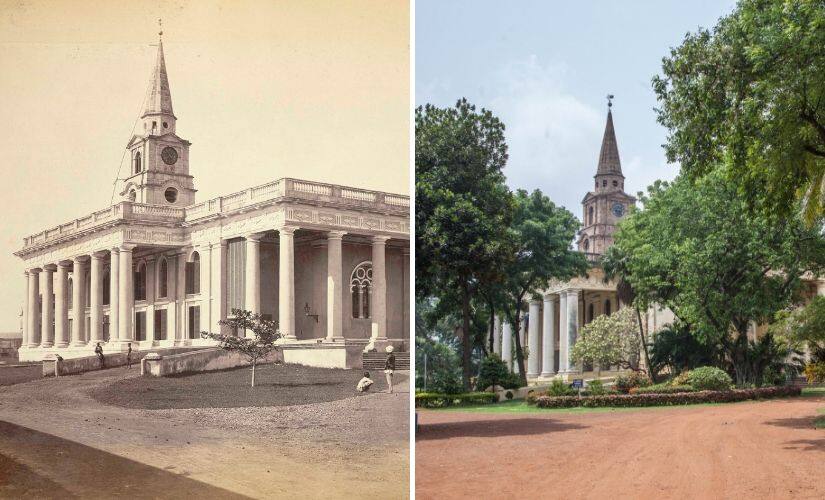 Then and now — Left: St. John's Church, Calcutta, 1860s (Image courtesy: The British Library, UK. As used in the University of Liverpool-Jadavpur University Timescape app) | Right: St John's Church, 2019 (Image courtesy: Kawshik Ananda Kirtania)