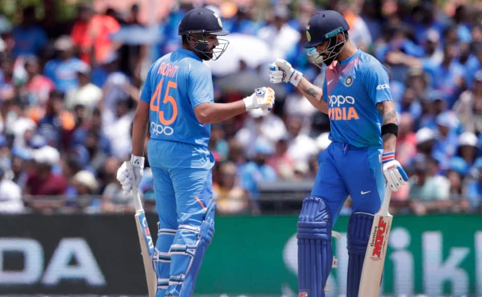 Star batsmen Rohit Sharma (L) and Virat Kohli looked to solidify after Dhawan’s departure, but the Indian vice-captain fell off Sunil Narine’s bowling for 24. AP