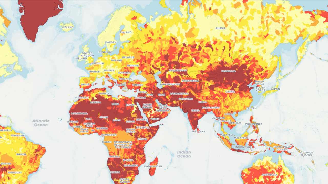 The overall water risk of various countries, measured by tallying all water-related risks, is shown here on a colour scale of 1 (Low water risk, in pale yellow) to 5 (Extremely high risk, in red). Image credit: WRI/Aqueduct Water Risk Atlas 2019