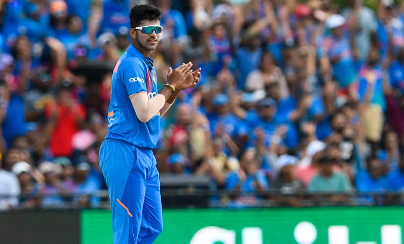 Washington Sundar celebrates the wicket of John Campbell in the 1st T20I. AP