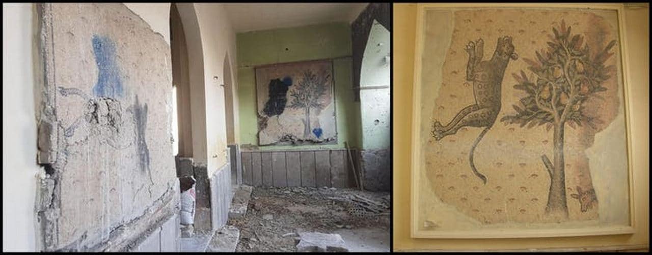 A mosaic in the Raqqa Museum, after and before its destruction. Image credit: DirectSyria, CC BY-ND