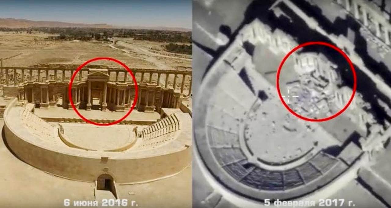 Video stills from the Russian Defense Ministry website purport to show the Roman-era amphitheater on June 6, 2016, left, and on Feb. 5, 2017, right, in Palmyra. Image credit: Russian Defense Ministry Press Service, via AP
