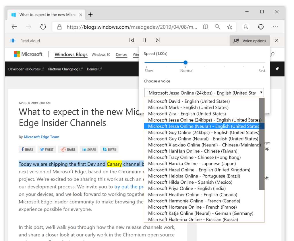 Neural voices in Microsoft Edge browser. Image: Microsoft.