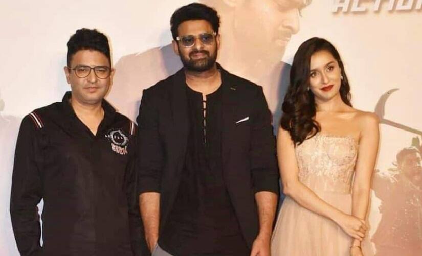 Producer Bhushan Kumar, Prabhas and Shraddha Kapoor. Image from Twitter @VsquareF